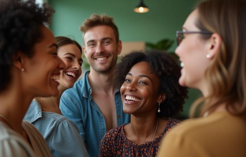 Smiling team members interacting in a studio setting, showing a positive vibe